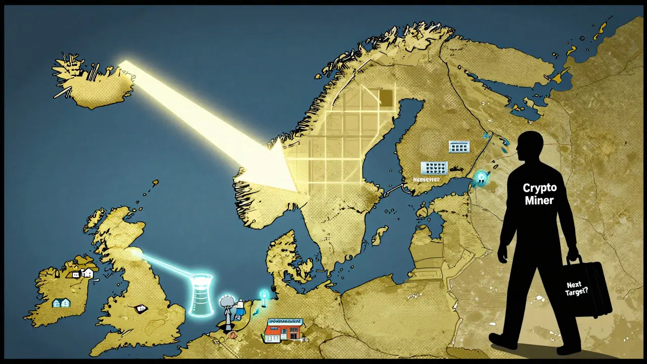 Map of Northern Europe showing energy redirected from crypto mining to homes and startups in Norway.