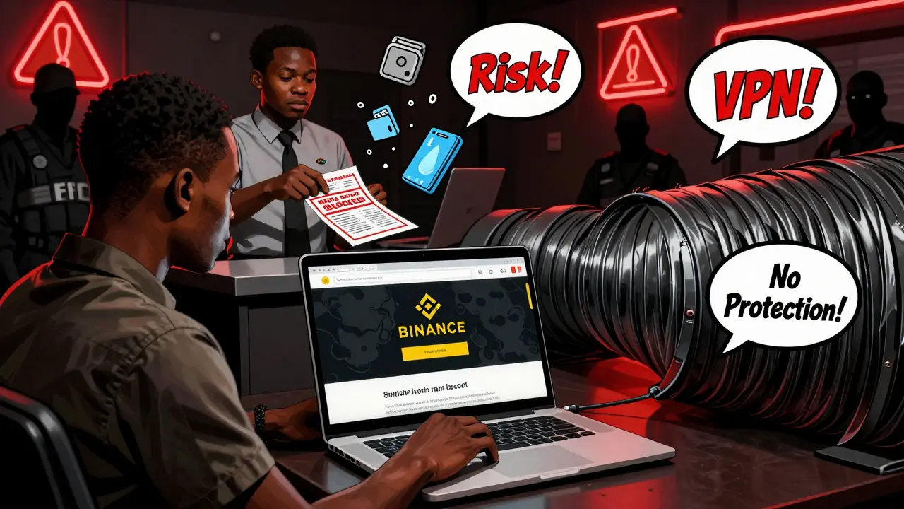 Nigerian user on VPN accessing Binance as bank blocks Naira deposit, with EFCC agents watching in shadows.