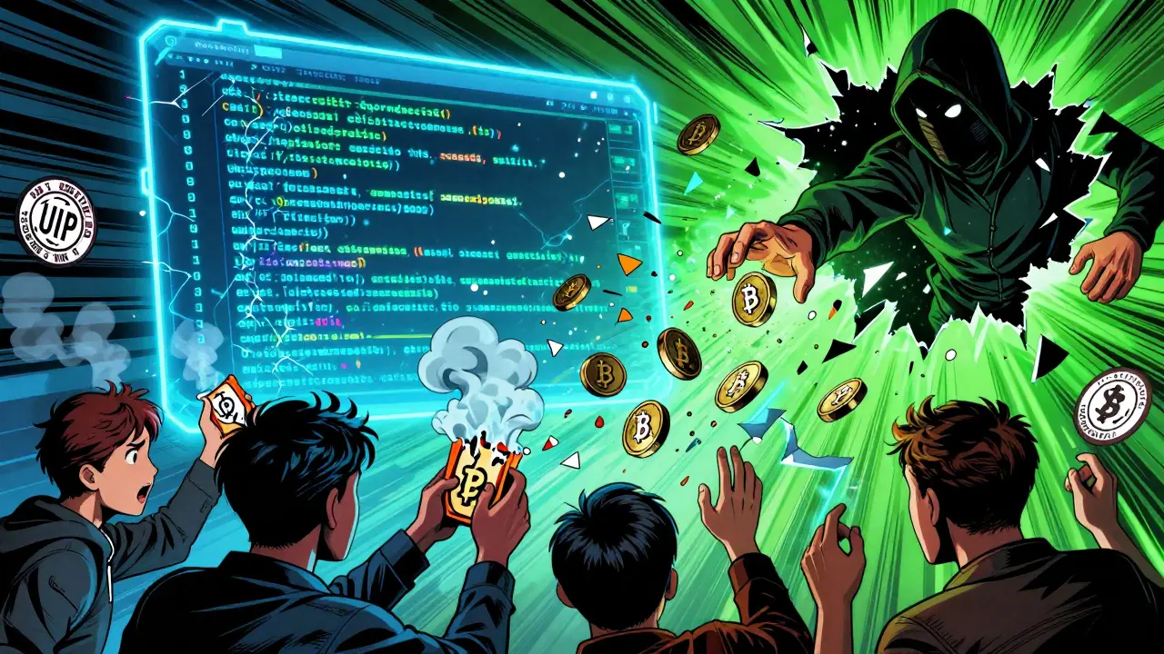 Smart contract code breaking apart as a hacker steals ETH, users watch helplessly as their tokens vanish in smoke.
