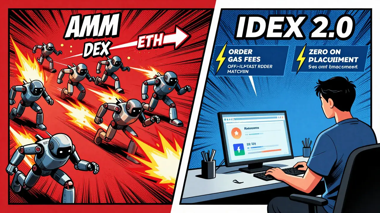 Split comic panel: chaotic AMM DEX on left, smooth IDEX 2.0 trading on right with zero gas fees and secure settlement.