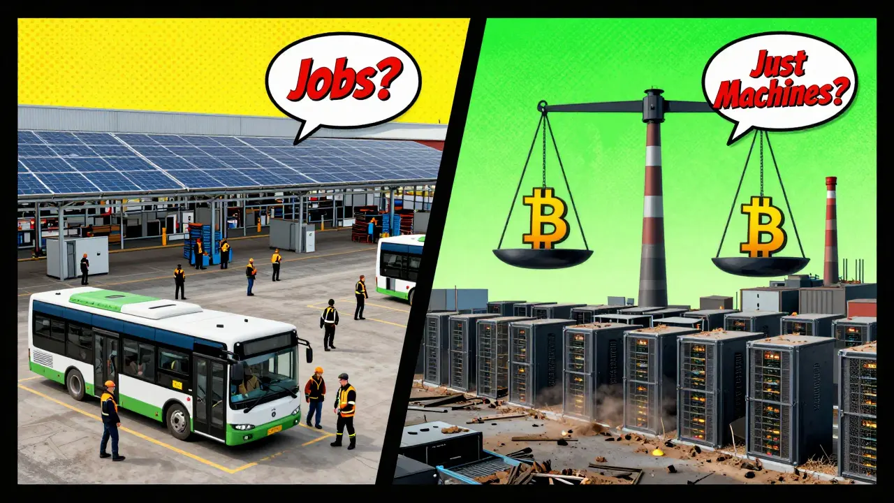 Split scene: Norwegian factory with electric buses vs. abandoned crypto mine, symbolizing energy priorities.