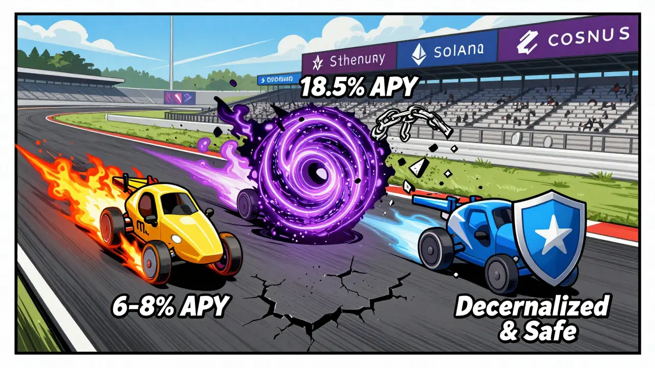 Three liquid staking tokens racing on a track with visual indicators of yield and risk.