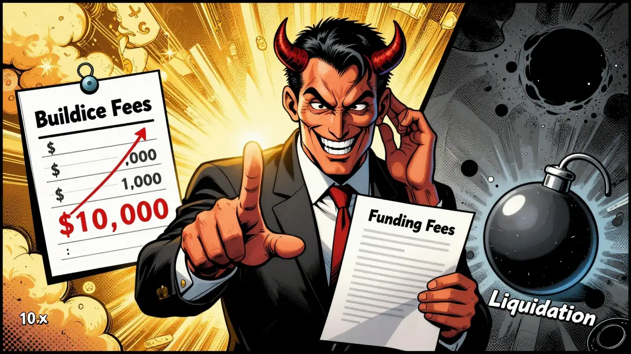 Trader pressing 10x leverage button as a demon whispers, split between profit and debt imagery in comic book style.