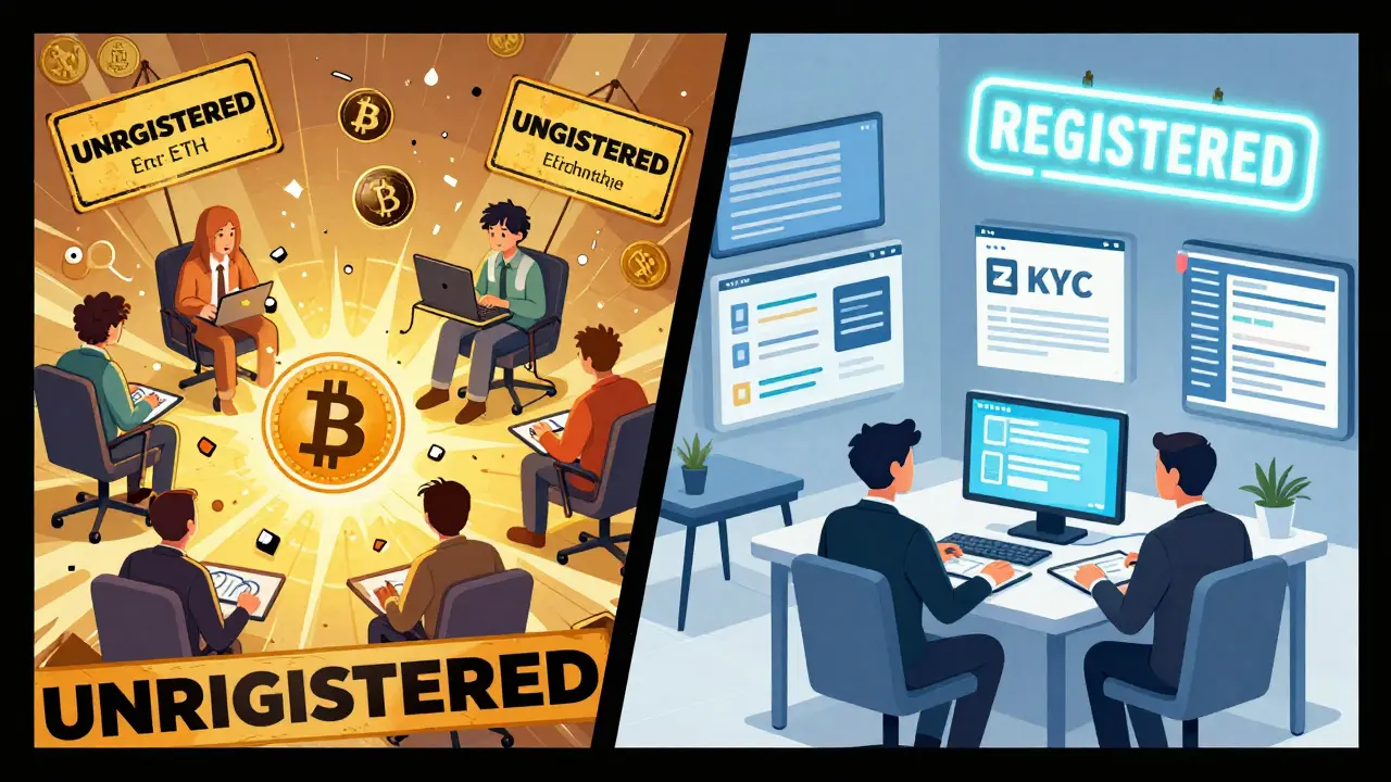 Two contrasting scenes: chaotic unregistered crypto trading vs. orderly compliant exchange with AI monitoring and KYC verification.