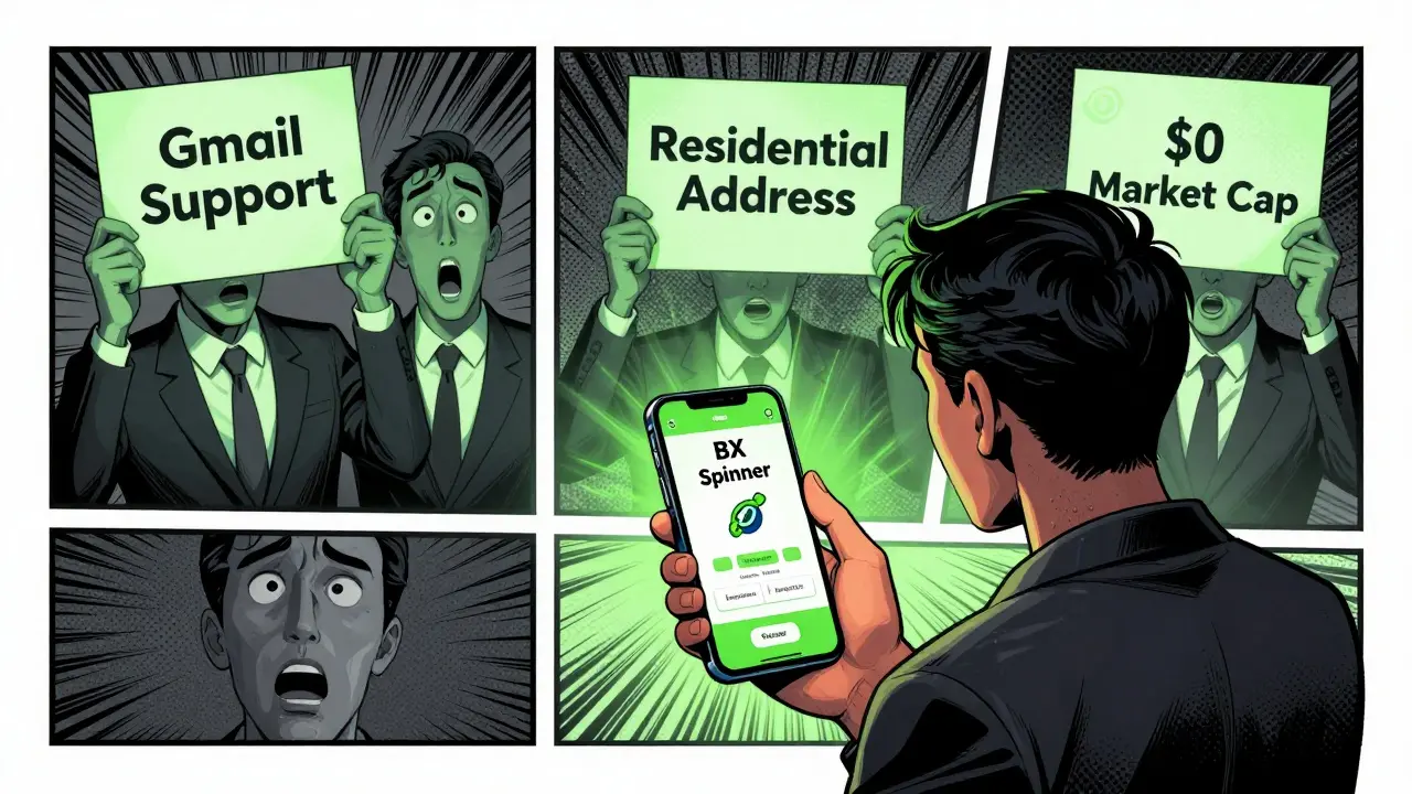 User stares at BX Spinner game while ghostly signs reveal 'Gmail Support' and '<h2>Customer Support: A Gmail Address?</h2> Market Cap' behind them.