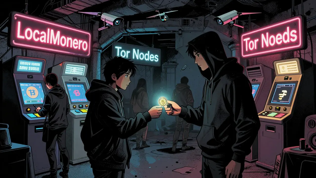 Users trading privacy coins underground through decentralized platforms and crypto ATMs.