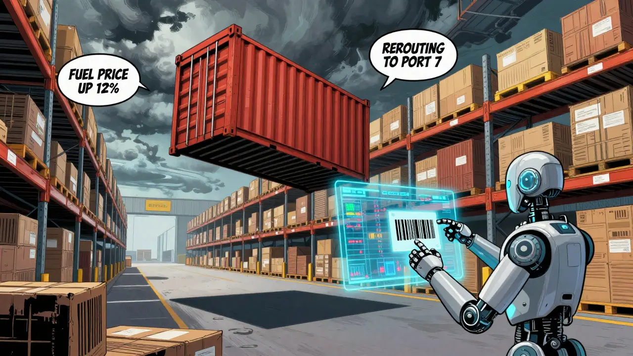 A cargo container rerouting mid-air as a storm approaches, with holographic data displays and robot scanning barcodes in vibrant pop art style.