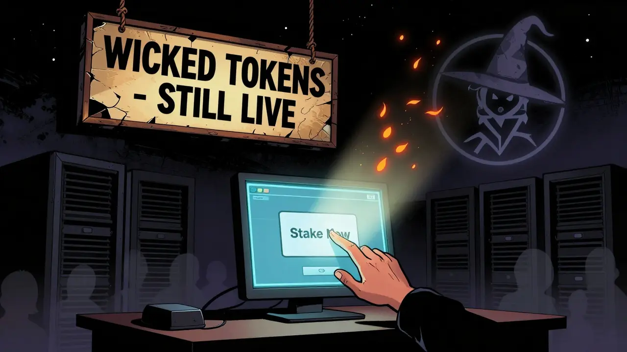 A crumbling digital tavern sign glows above an empty server room with one monitor displaying an unclaimed token balance.