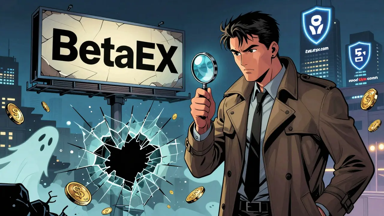 A detective uncovering a hollow fake exchange billboard, with ghostly lost coins and legitimate exchanges standing strong in the background.