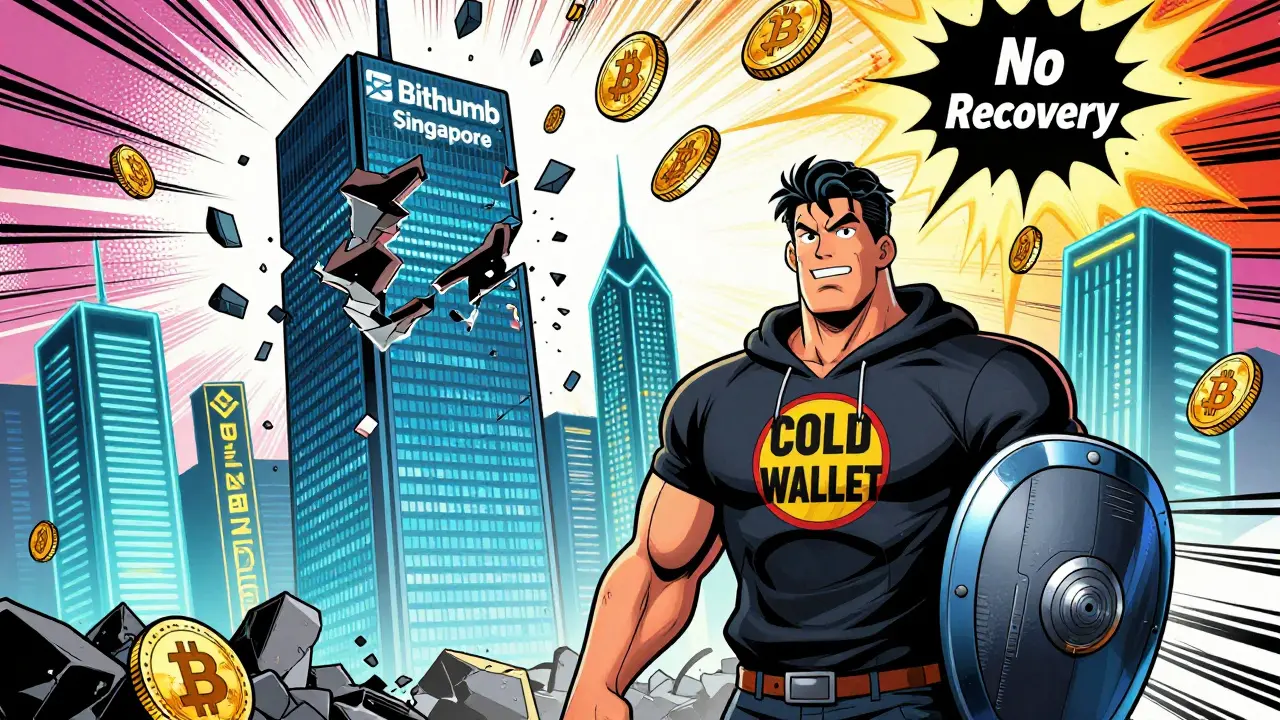 A digital exchange tower collapses as coins fall into a black hole while a hero holds a cold wallet shield.