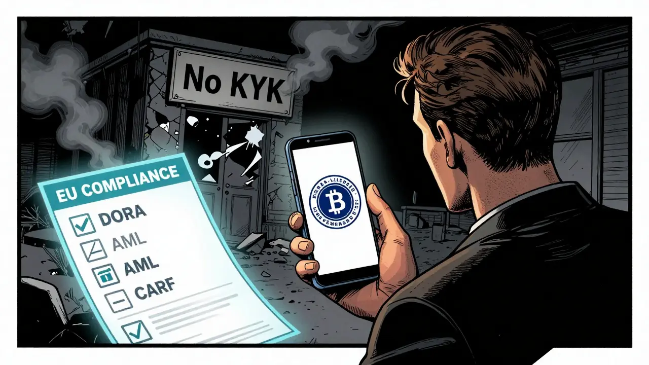 A European user holds a licensed crypto app while an unlicensed exchange crumbles behind them, with EU compliance icons glowing above.