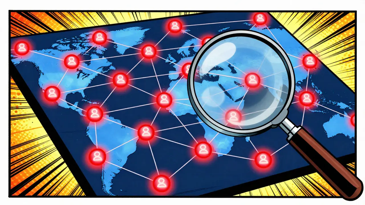 A global blockchain network grid with red nodes being scanned by a magnifying glass.