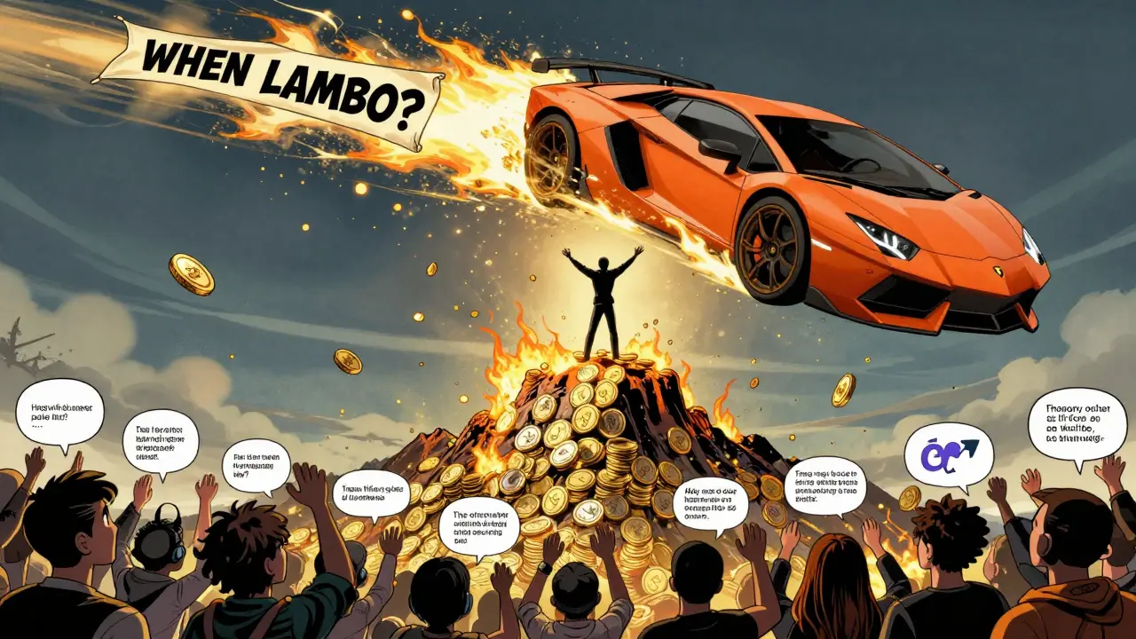 A holder stands atop burning tokens as a Lamborghini crashes through the sky, surrounded by a cheering meme community.
