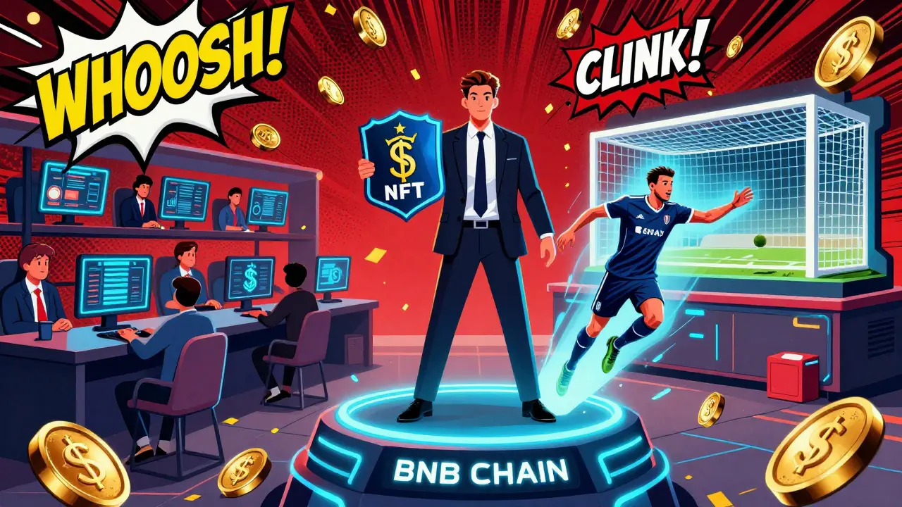 A manager holds a transforming NFT that becomes a scoring player, while fans trade tokens on a floating marketplace under raining $GOAL coins.