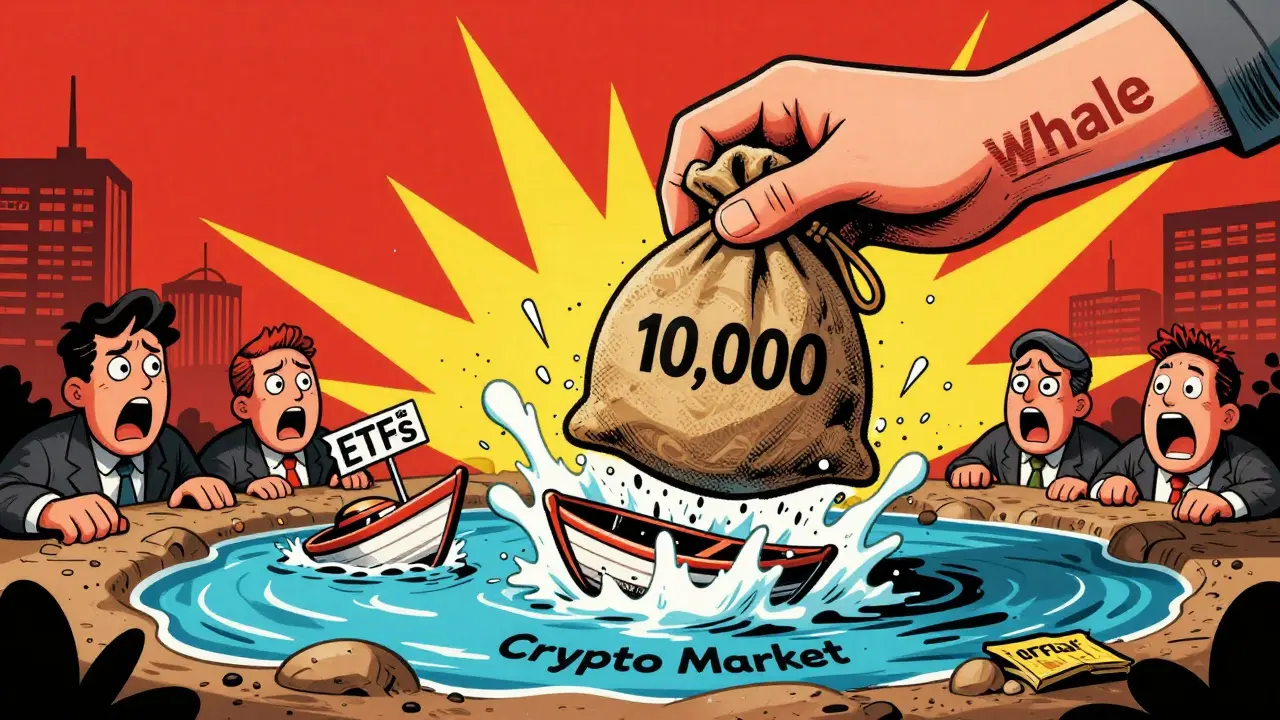 A massive whale dumps Bitcoin into a small pond, flipping boats of retail investors and ETFs in a chaotic splash.