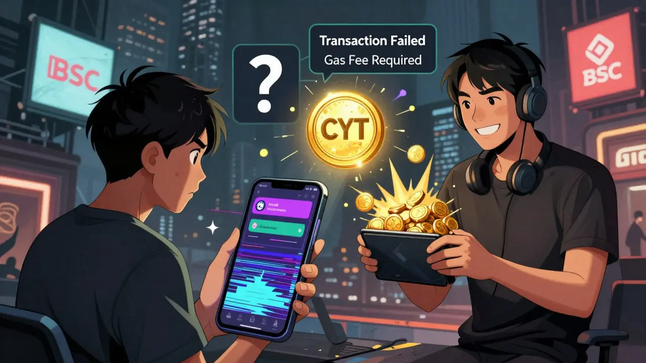 A player frustrated at a glitching wallet screen while another successfully claims CYT tokens nearby.