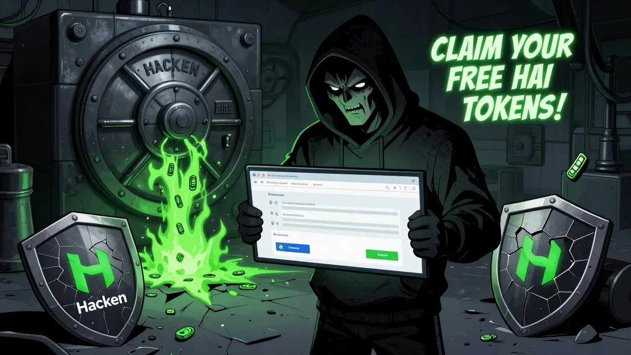 A scammer tricks a user with a fake HAI airdrop site, while a broken Hacken shield symbolizes lost trust.