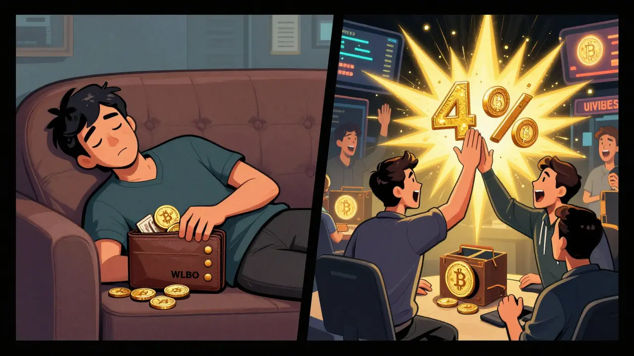 A sleeping holder accumulates tokens passively while a vibrant crypto market explodes with transaction rewards and charity coins.