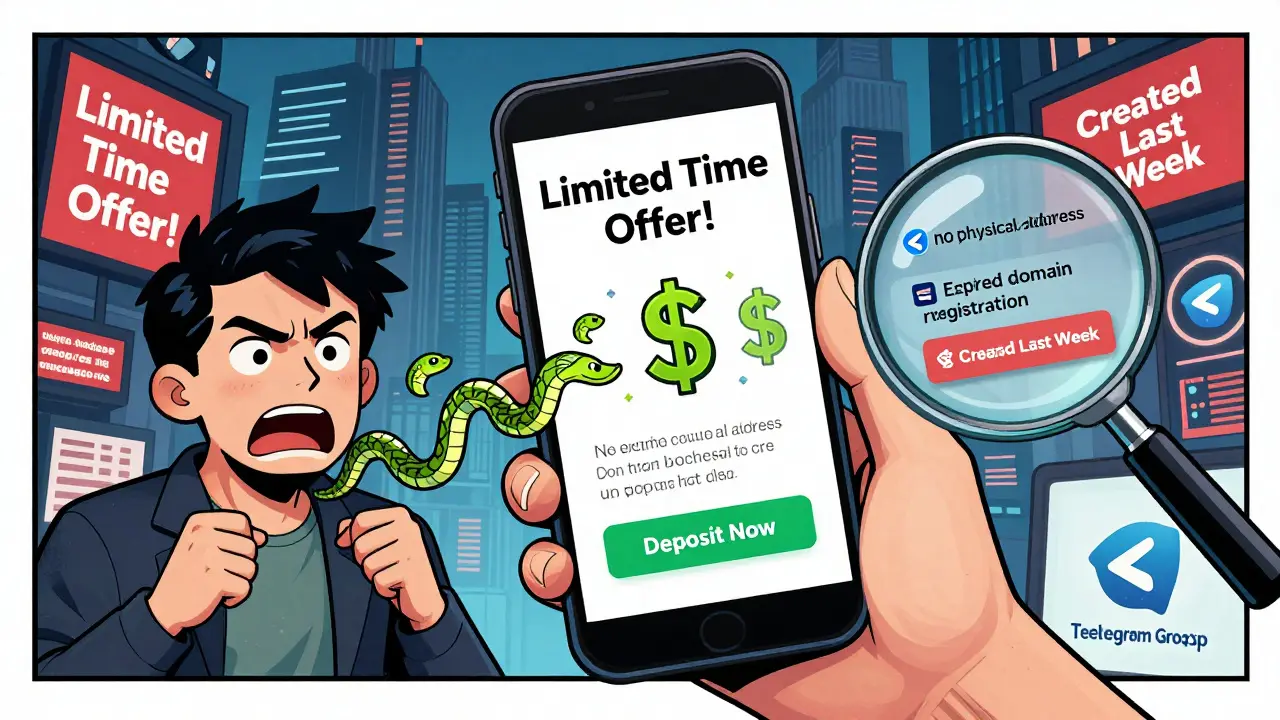 A trader lured by a fake 'Limited Time Offer' pop-up, with dollar signs turning into snakes leading to a deceptive deposit button.