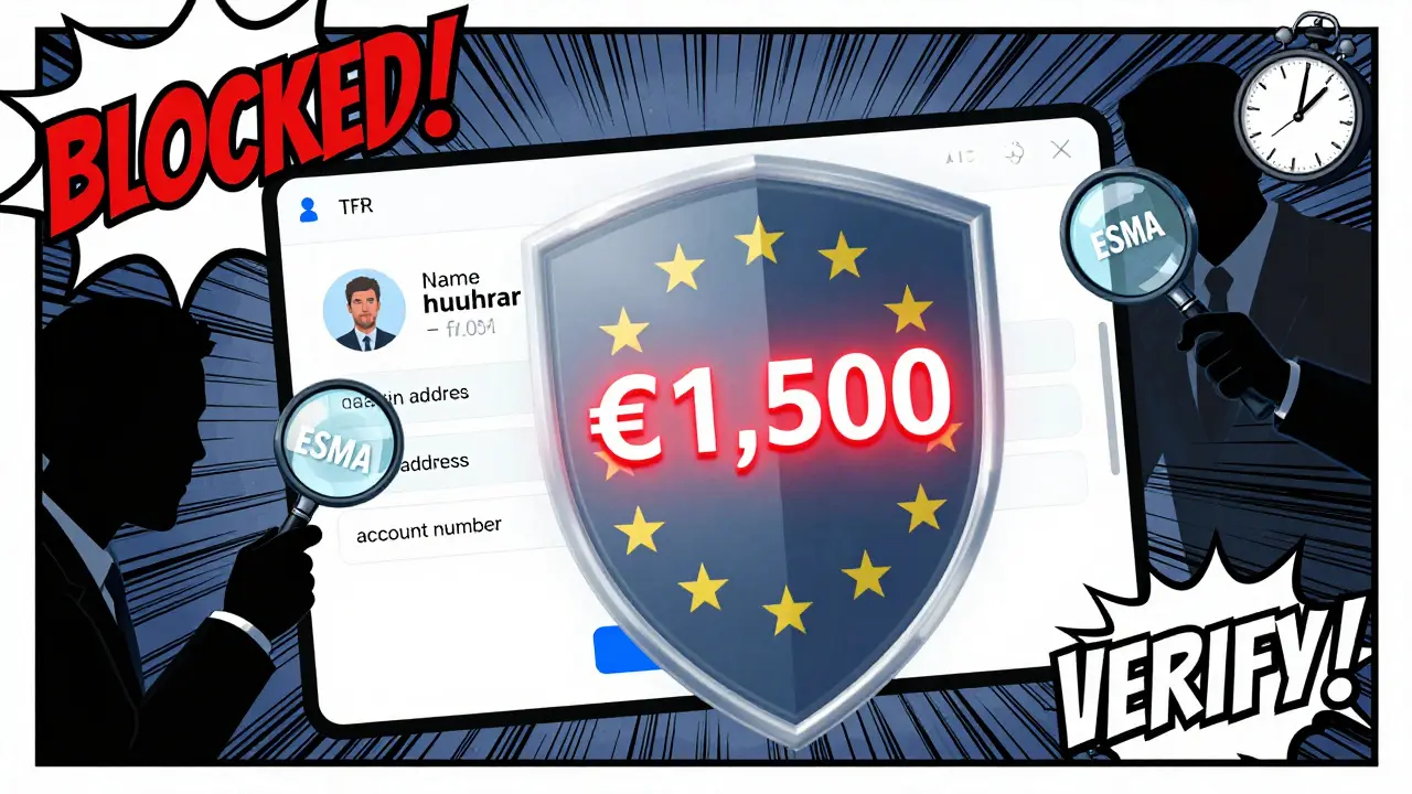 A U.S. crypto wallet transaction is frozen by an EU TFR shield, with mandatory data fields flashing red and an ESMA officer watching.