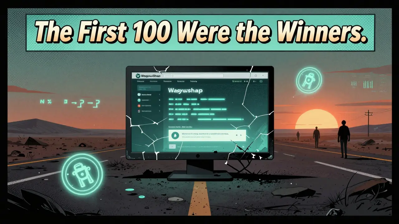 Abandoned WagyuSwap interface flickers in a desolate digital landscape with ghostly tokens floating nearby.