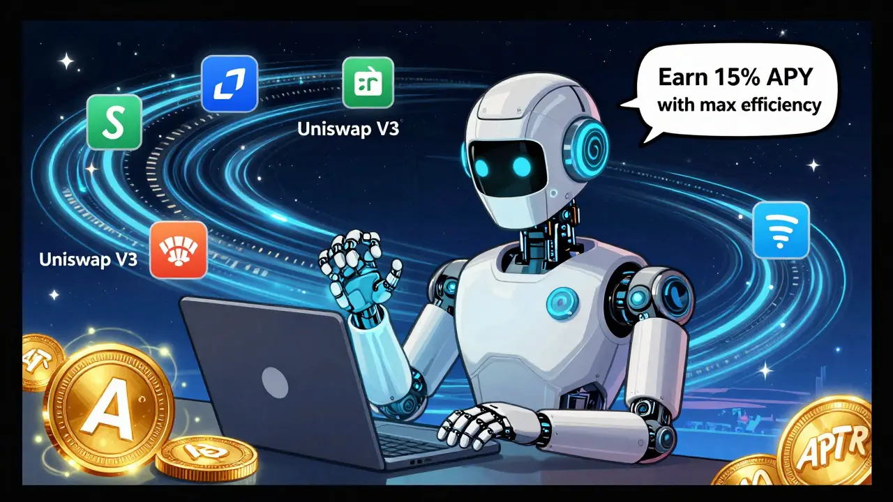AI assistant solving DeFi intents with APTR tokens glowing as cross-chain DEXs swirl in the background.
