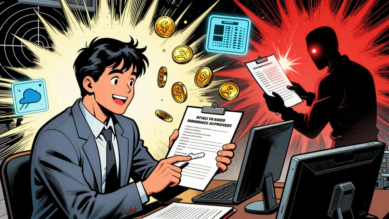 An insurance claim approved instantly while fraud attempts trigger red alerts, with floating data icons and dramatic lighting in comic book style.