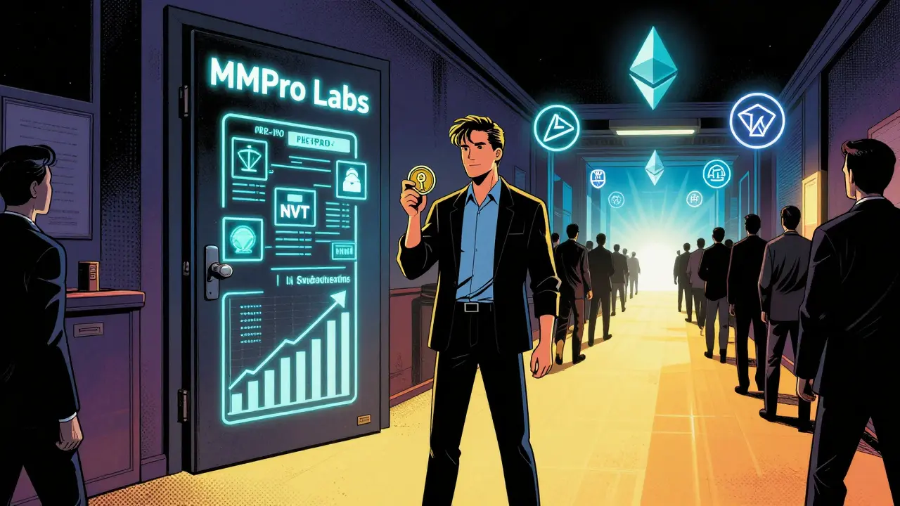An investor holds an MMPRO token as a key to access MMPro Labs with floating NFT shares and blockchain chains.