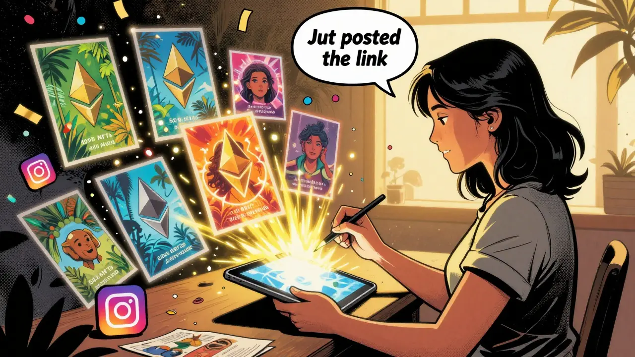 Artist selling NFTs online, digital art floating into global buyers' hands, Ethereum tokens glowing, Instagram notifications exploding around her.
