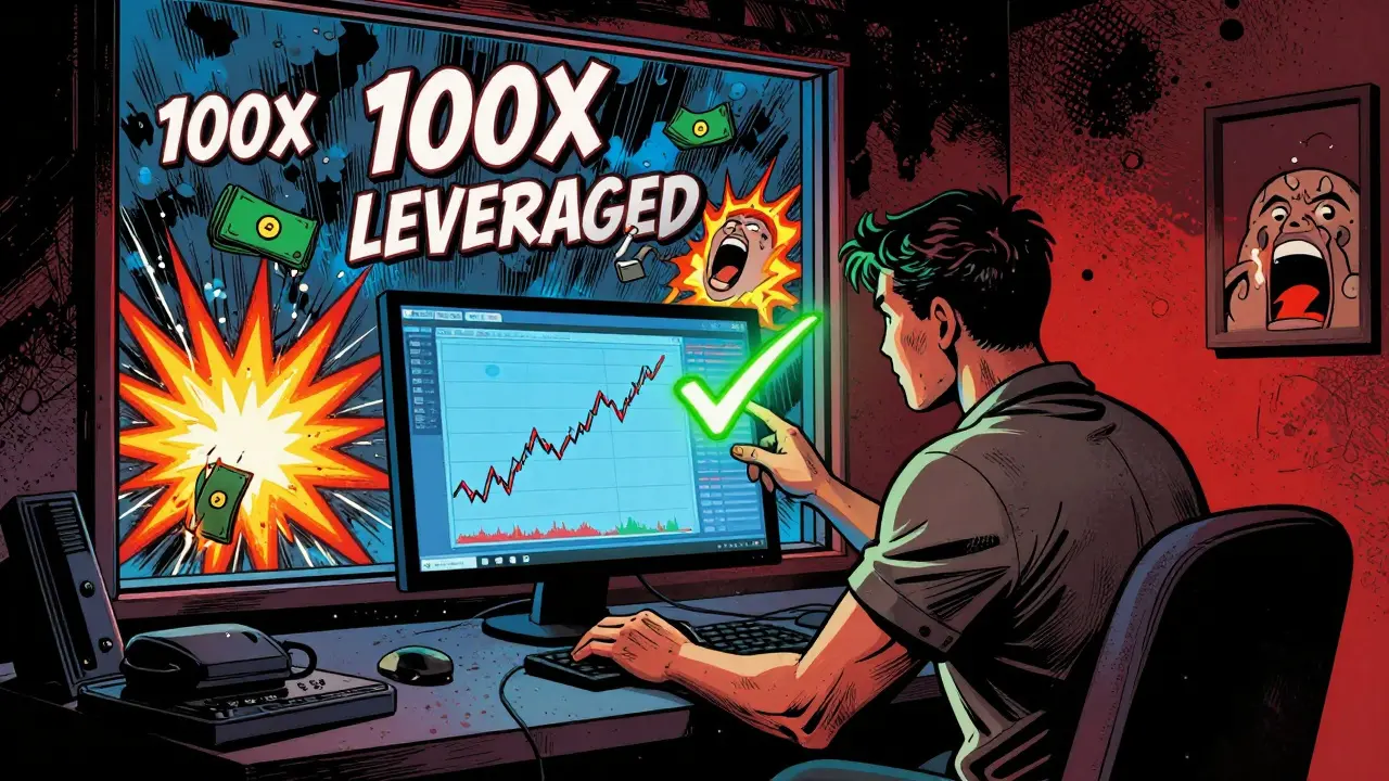 Calm trader using 2x leverage while chaos of high leverage rages outside window.