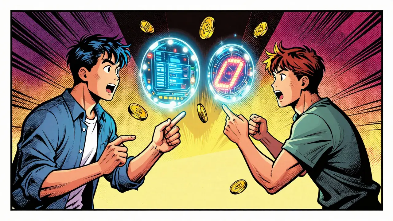 Comic book scene with AI robot and traders in battle stance.