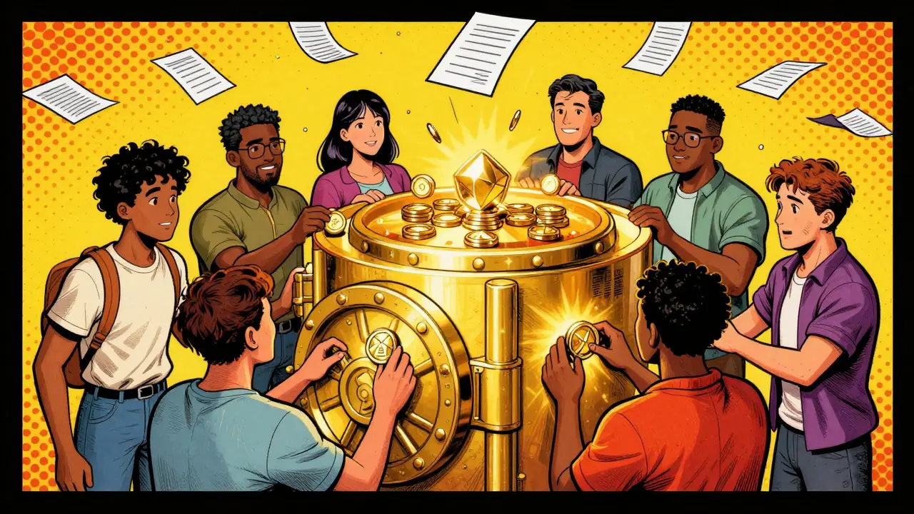 Community members securing network by adding tokens to a golden vault structure.