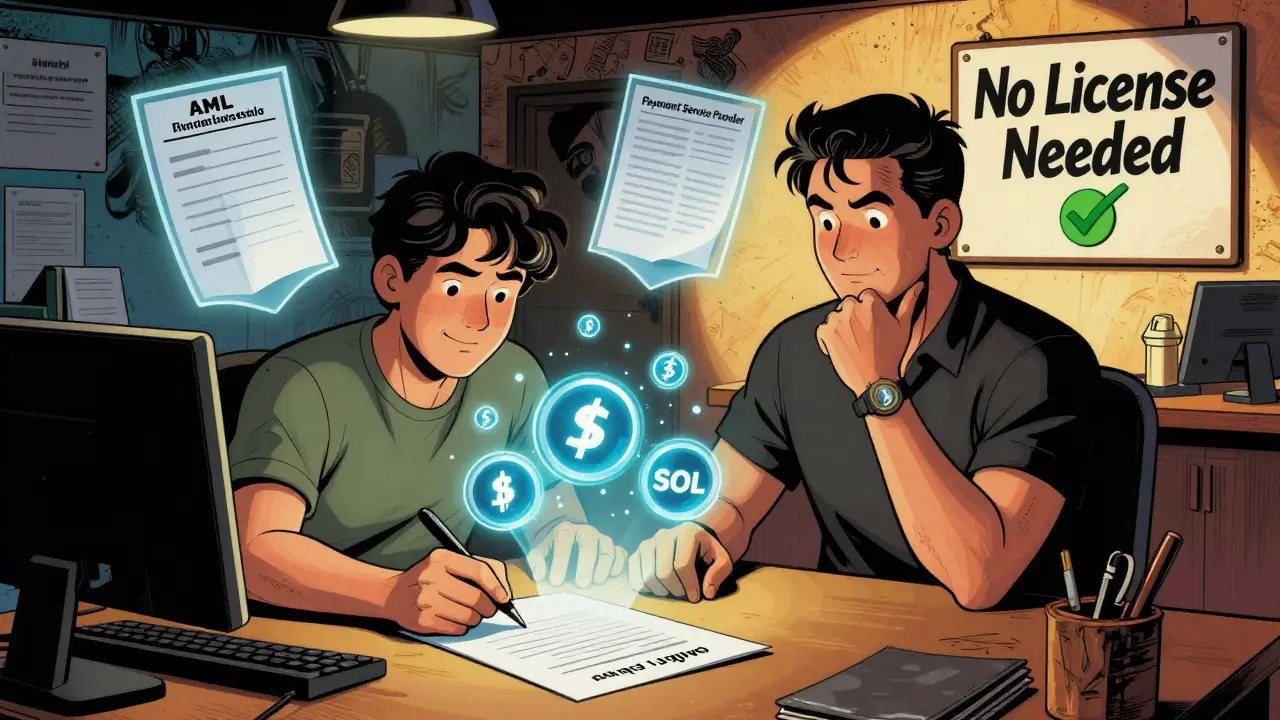 Crypto business owner registering as a payment service provider with AML compliance symbols floating nearby, bank teller giving approval.