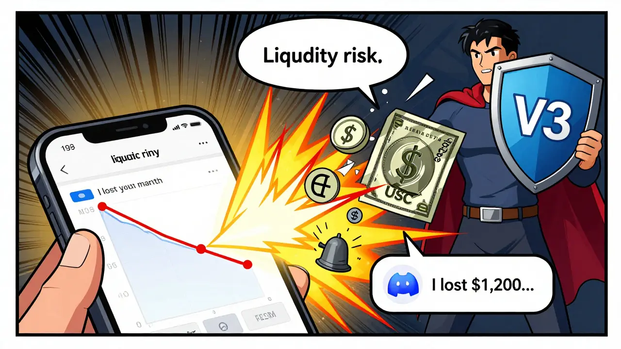 Crypto wallet alert showing ETH converted to USDC after price crash, with warning siren and audited smart contract shield in background