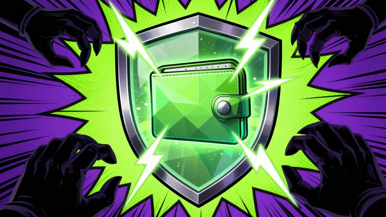 Digital wallet shielded from claw hands in pop art comic