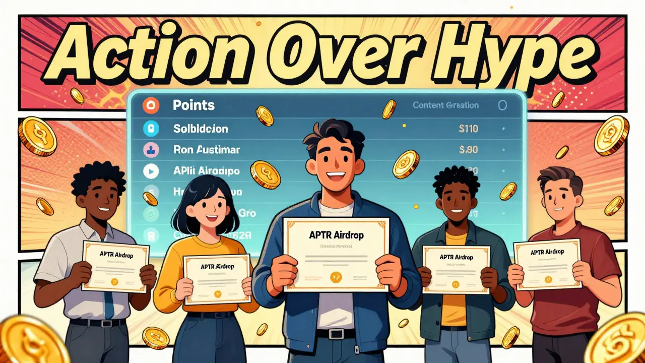 Diverse DeFi users receiving APTR airdrop tokens as points from referrals and content creation glow on a giant scoreboard.