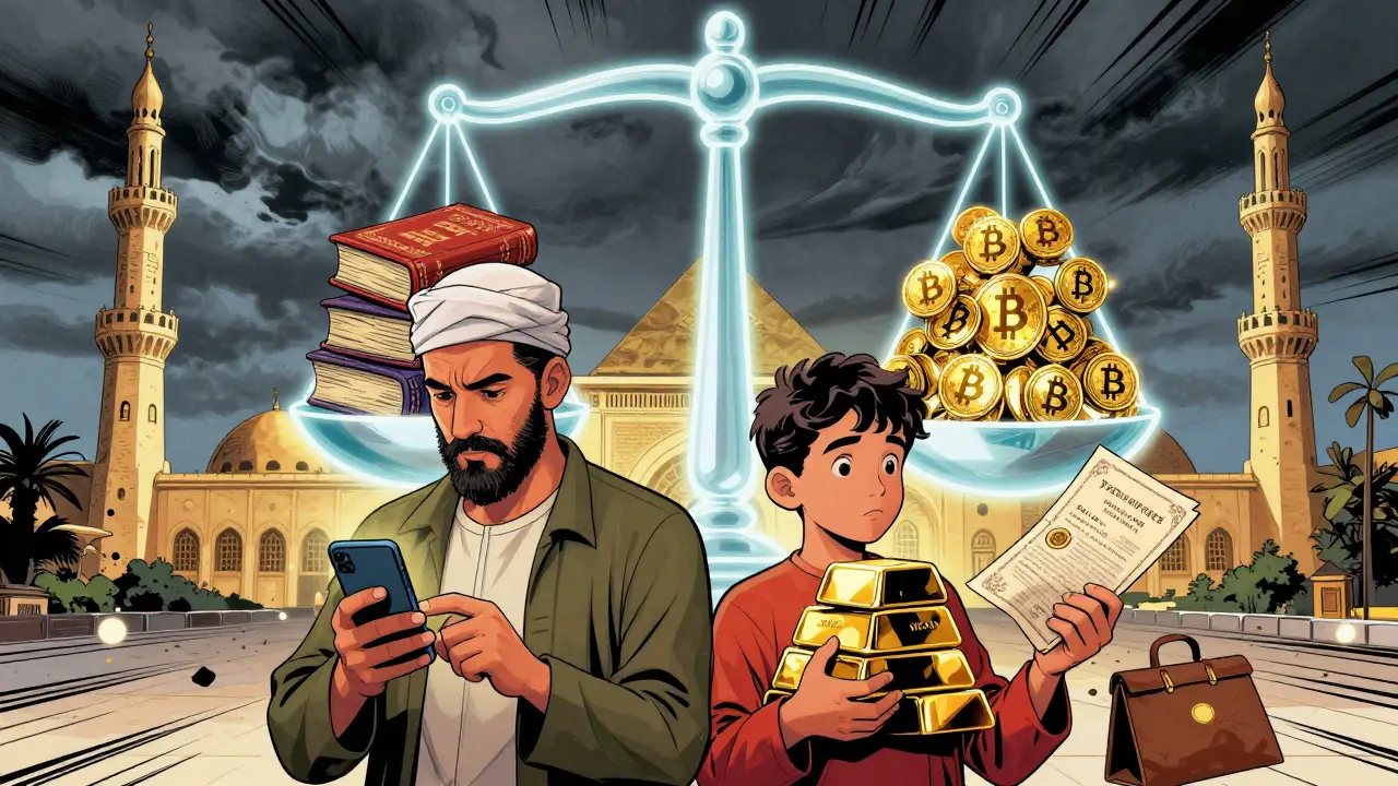 Divided Muslim family chooses between cryptocurrency and traditional halal assets like gold and property.