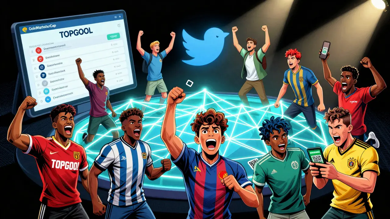 Eleven diverse fans perform steps of the campaign — checking a crypto watchlist, retweeting, downloading an app — connected by a glowing blockchain web.