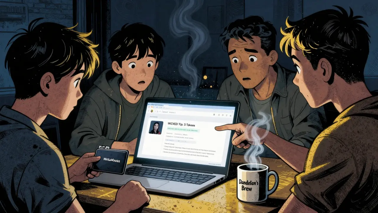 Fans gather around a laptop showing a blockchain transaction sending 3 WICKED tokens to a fan artist.