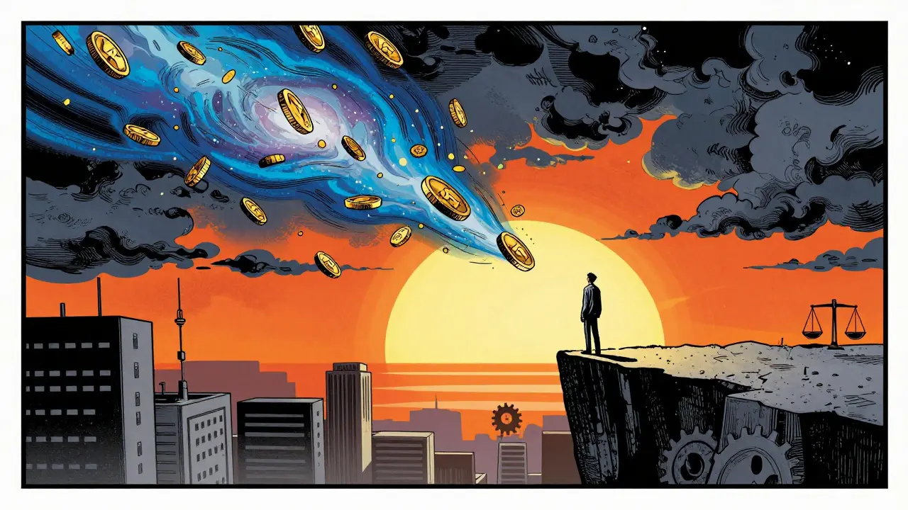 Figure watching horizon where city meets digital assets