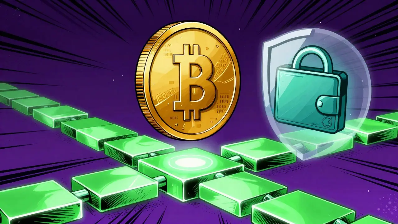 Golden digital coin hovering over blockchain chain with protective shield bubble.