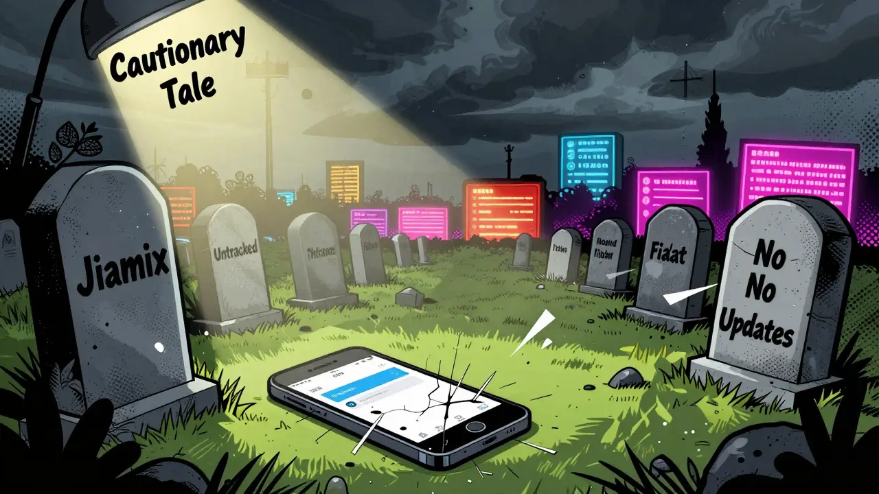 Graveyard of failed crypto exchanges with Jiamix as the central tombstone under a stormy sky.