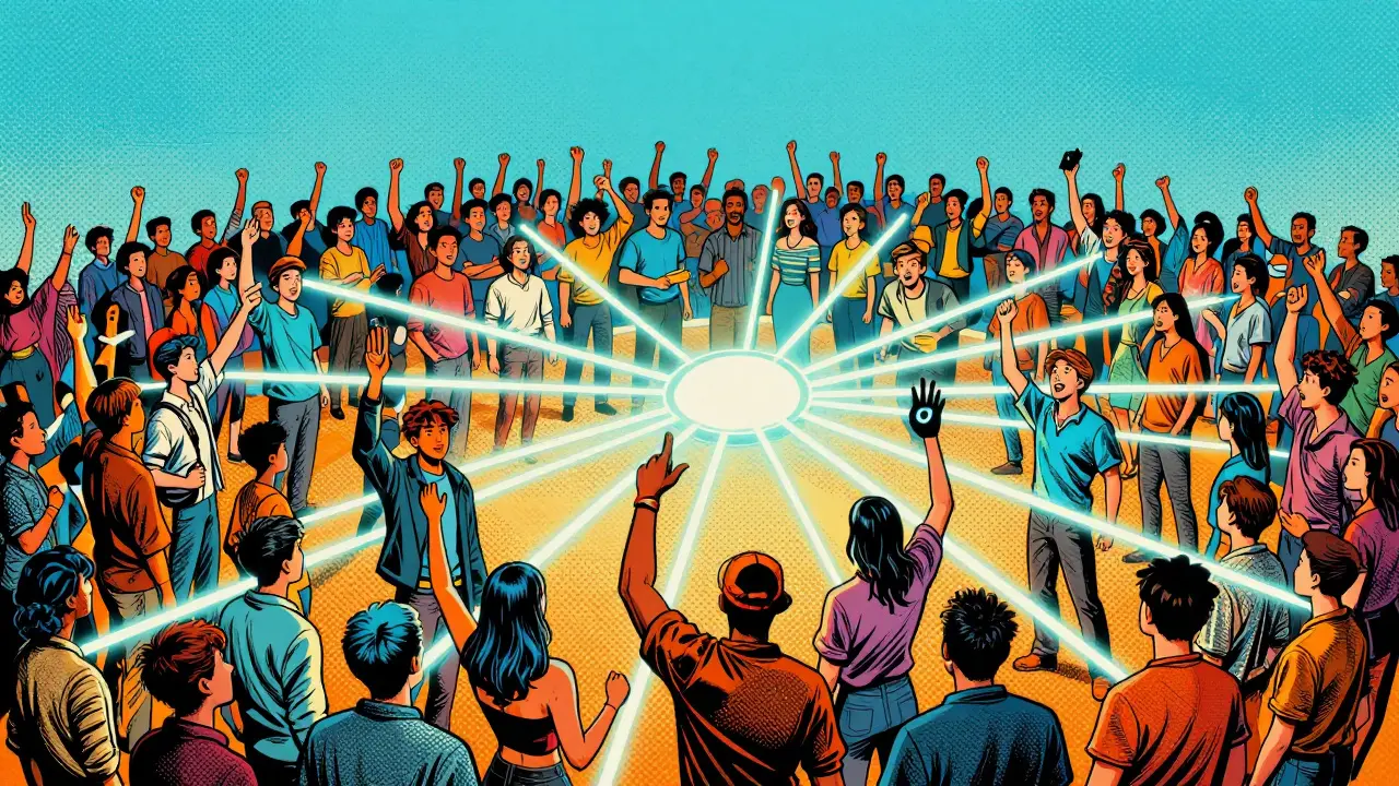 Halftone style crowd celebrating with glowing network links.