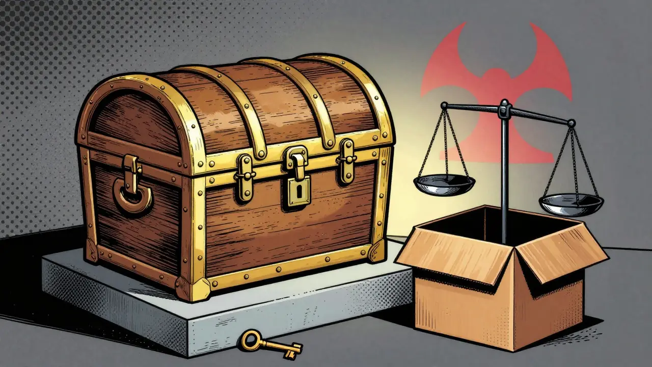 Locked chest and scale showing zero asset liquidity visually
