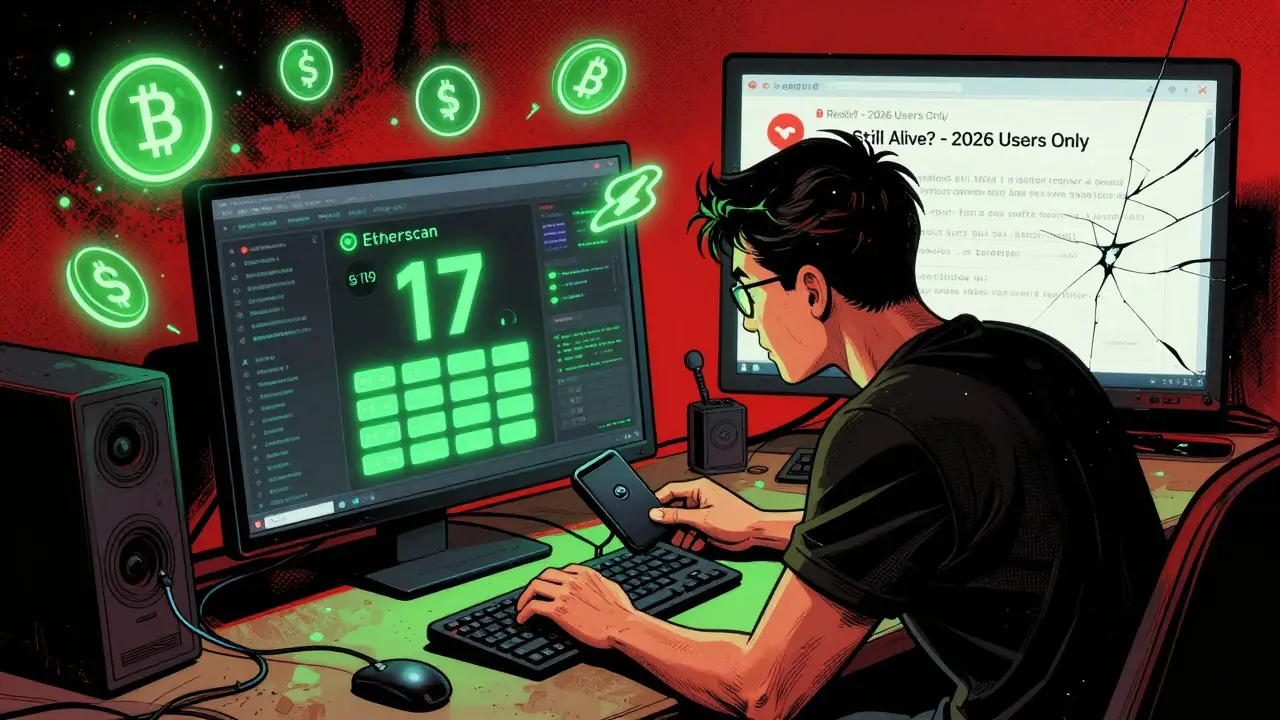 Modern trader struggling with outdated ForkDelta interface, floating old ICO tokens, and a flickering transaction timer.