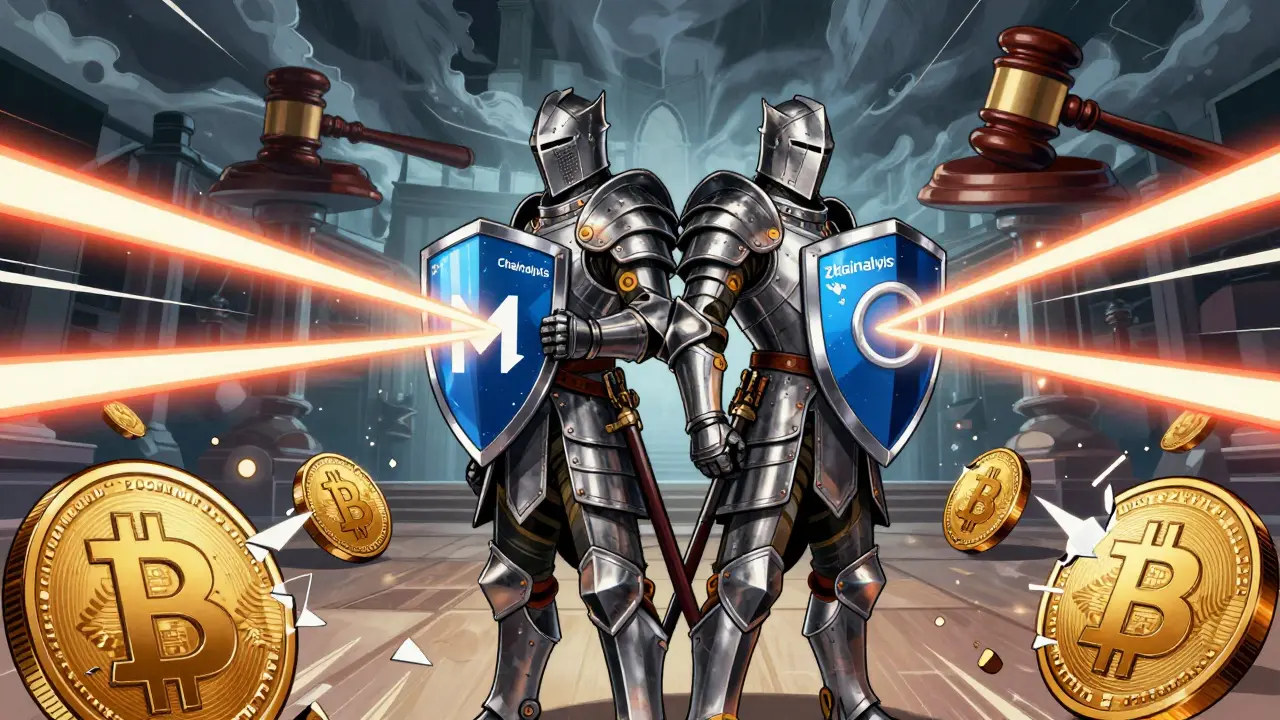 Monero and Zcash coins as armored warriors defending against surveillance lasers with privacy shields.