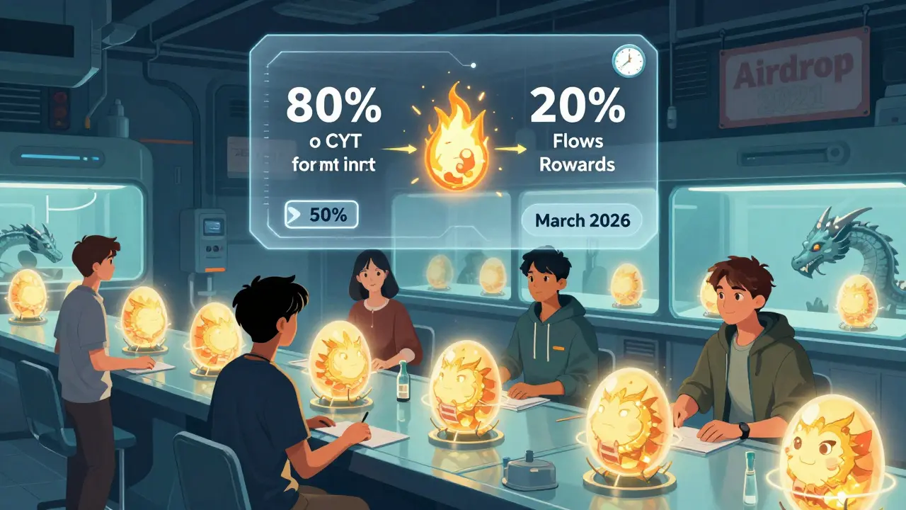 Players breeding dragons in a lab with a burning tokenomics chart showing CYT supply reduction over time.