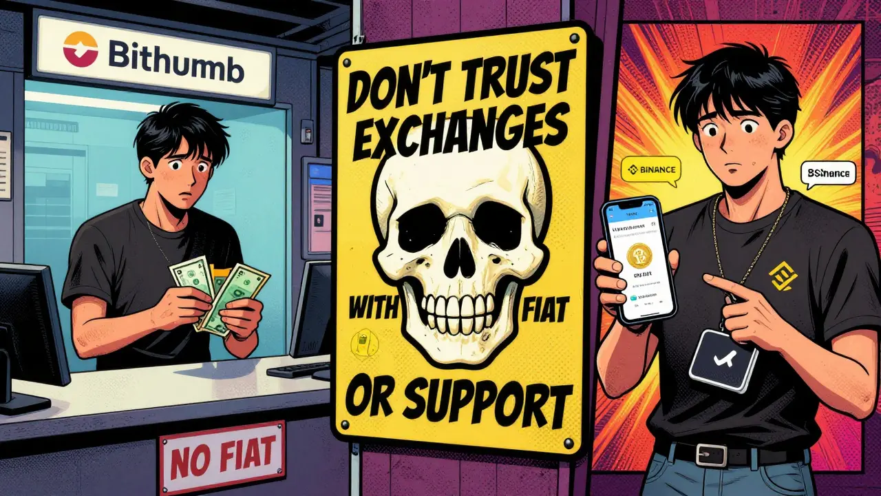 Split scene: a user fails to deposit fiat on Bithumb Singapore, then succeeds with Binance and a hardware wallet.