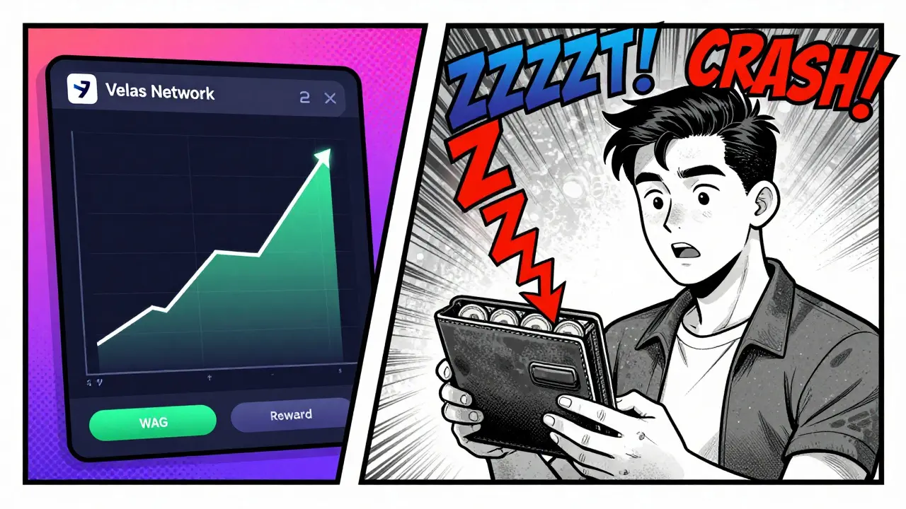 Split scene: one side shows staking rewards rising, the other shows WAG tokens crashing in value.