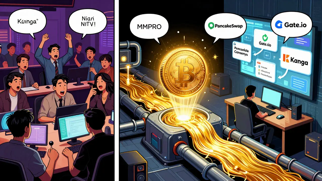 Split scene showing chaotic exchange floor and quiet backend where MMPRO tokens enable liquidity across exchanges.